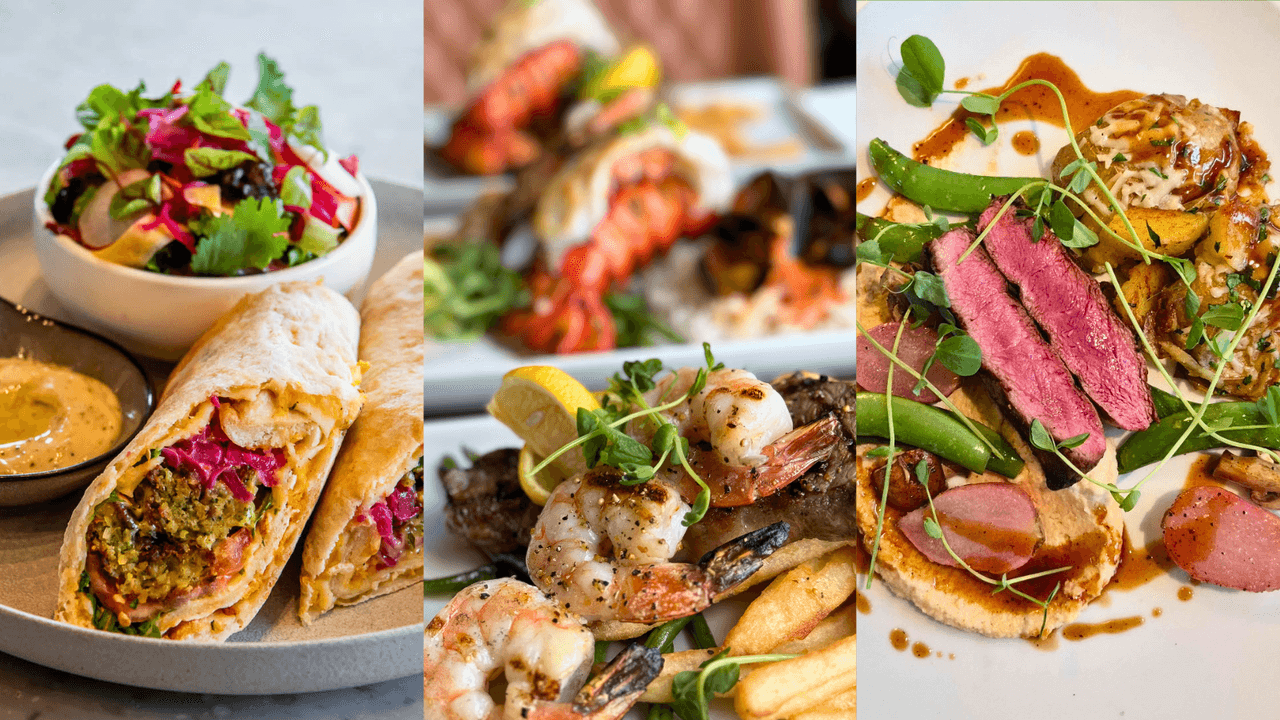 A collage of three dining photos from O&B, Copper Blues, & Kaytoo, displaying beautiful spring colours.