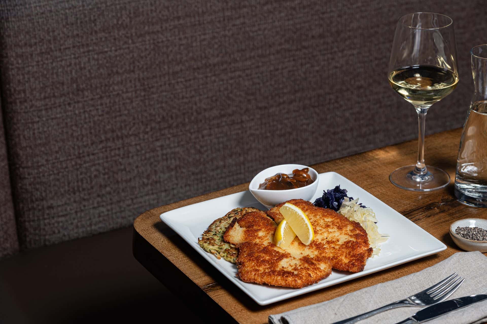 Signature schnitzel dish from The Pottery Alpine Restaurant at Blue