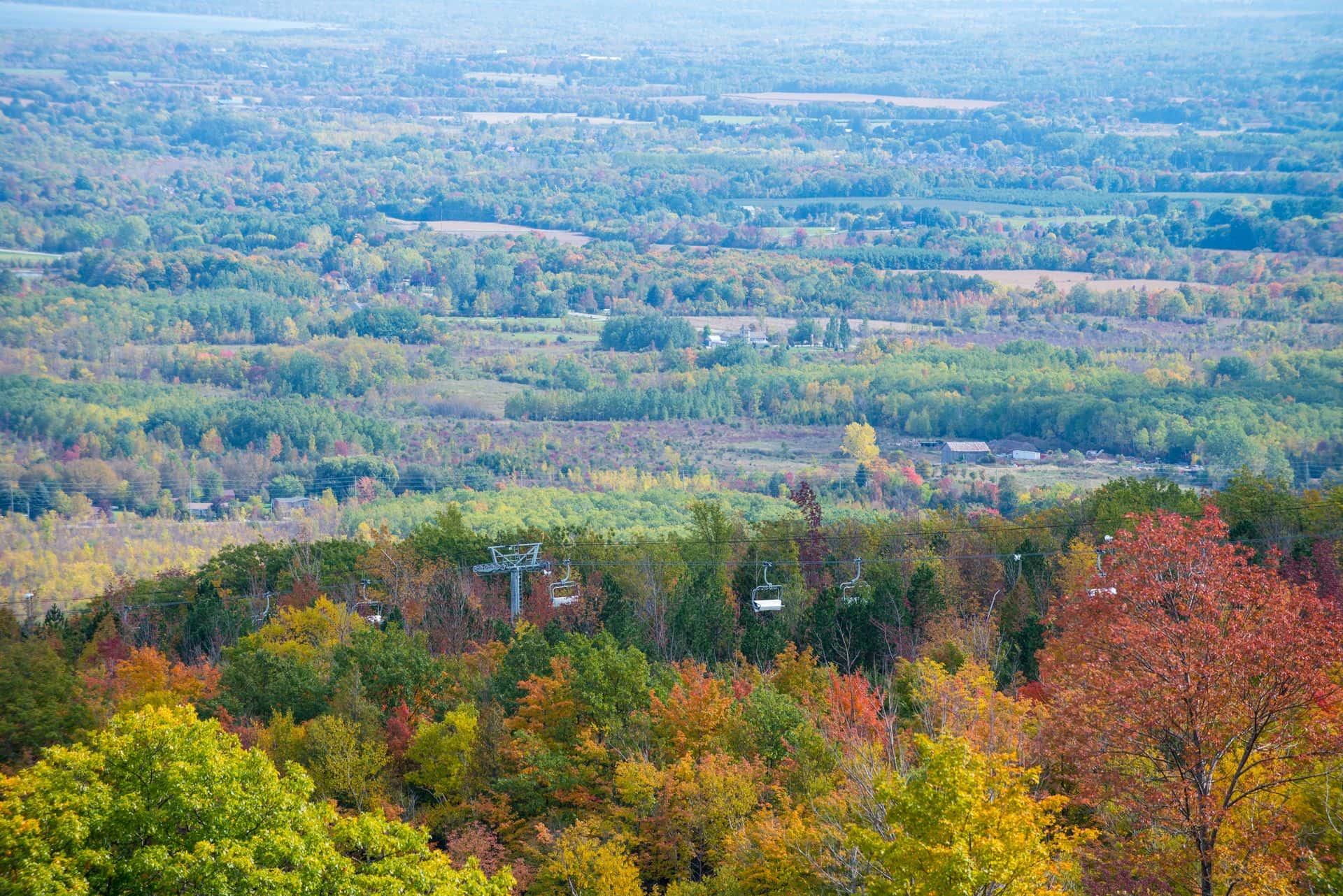 A fall landscape photo taken of Blue Mountain in the distance.