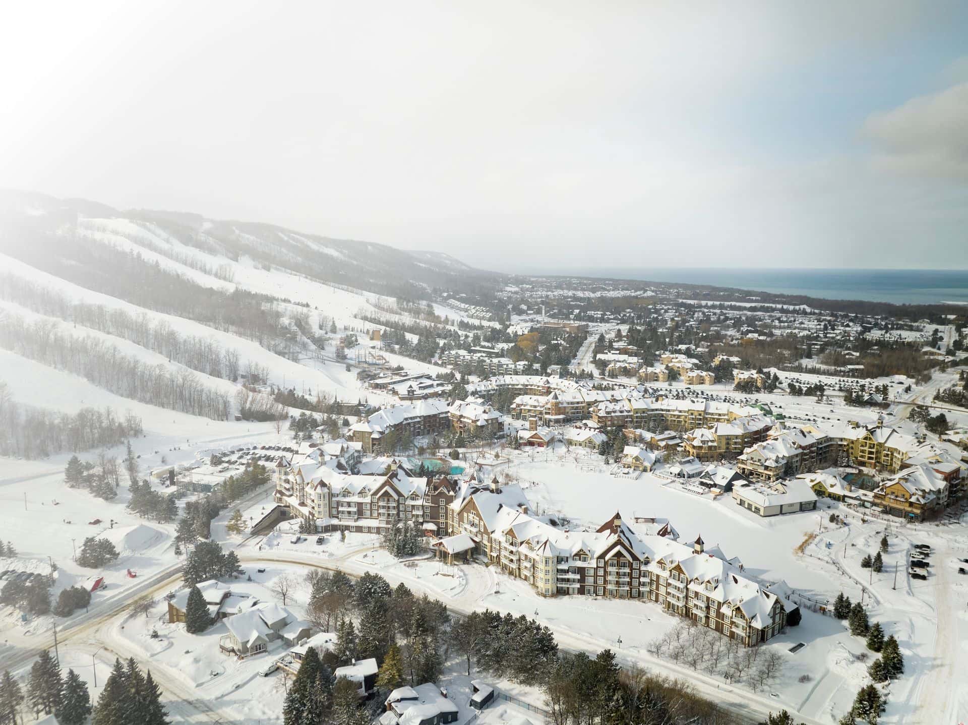 Aerial view of Blue Mountain Village in the winter.