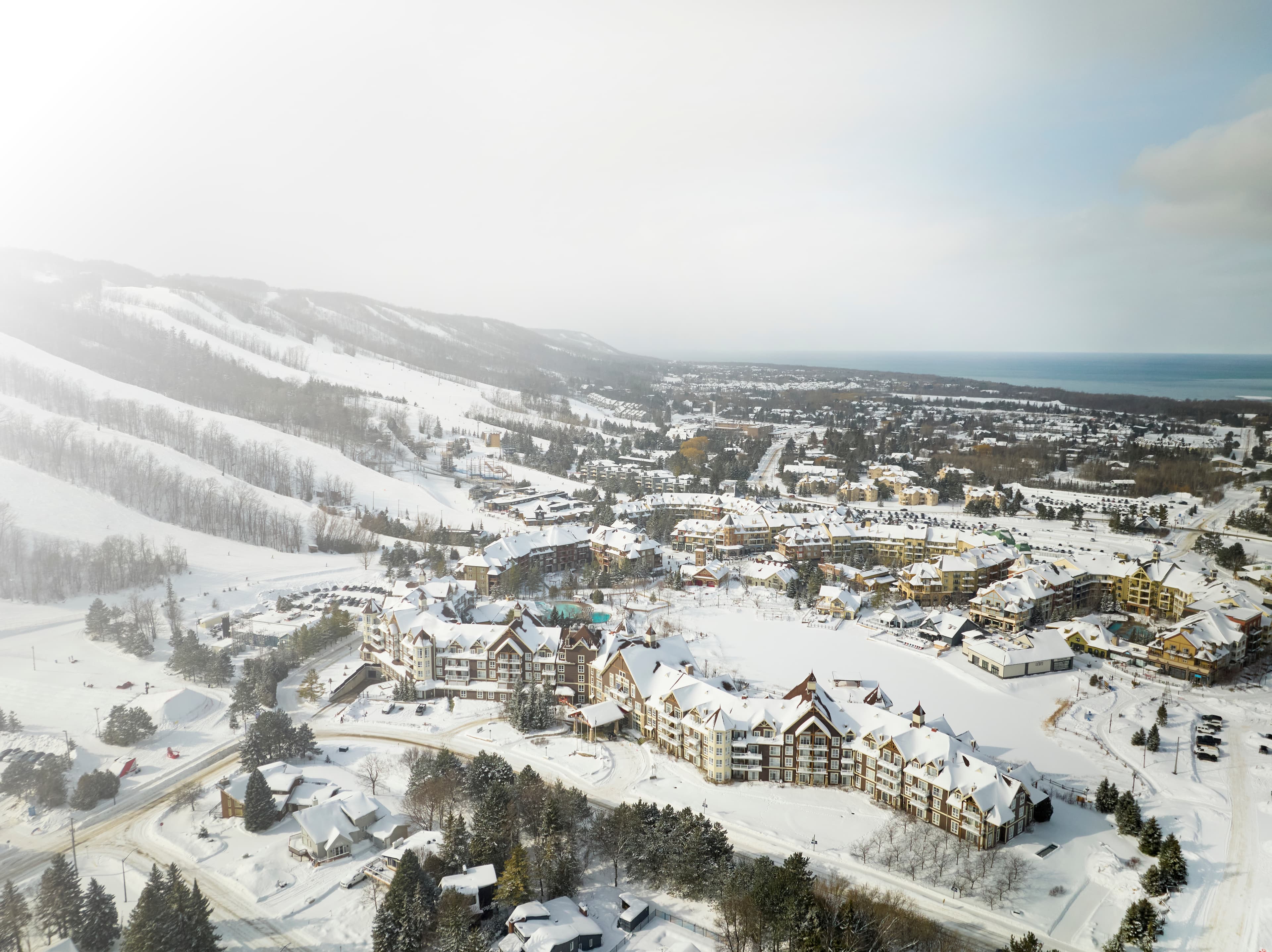 Aerial view of Blue Mountain Village in the winter.