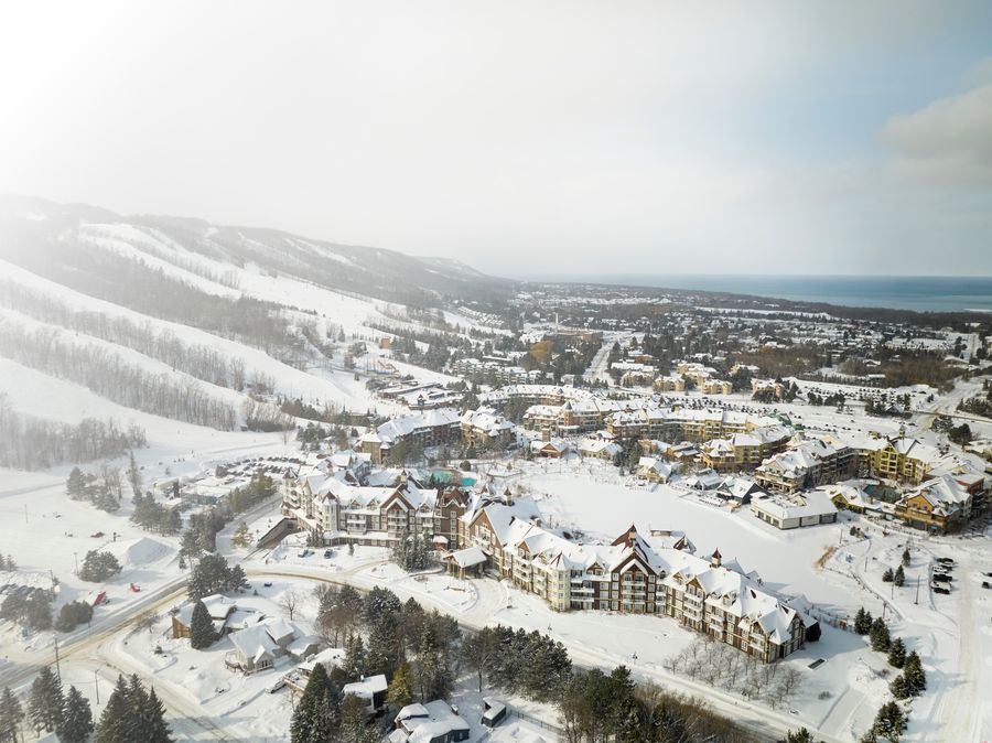 Aerial view of Blue Mountain Village in the winter.
